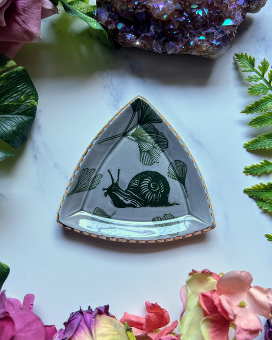 Snail & Ginkgo Dish Gold Altar Tray Witchy Triangle Jewelry Dish