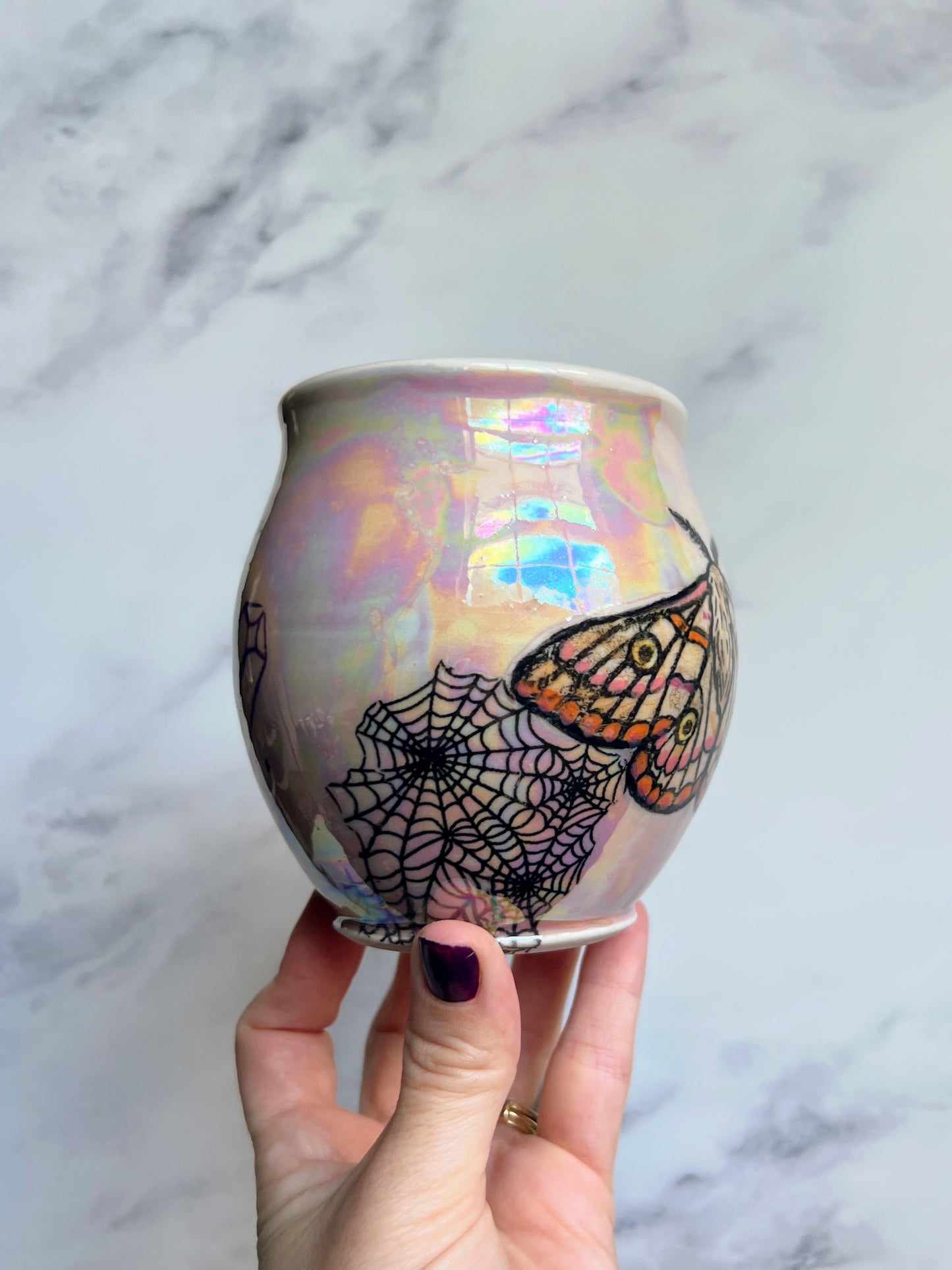 Moth Snake Mug, Iridescent Spiderweb Porcelain Mug, Pottery Mug, Hand made