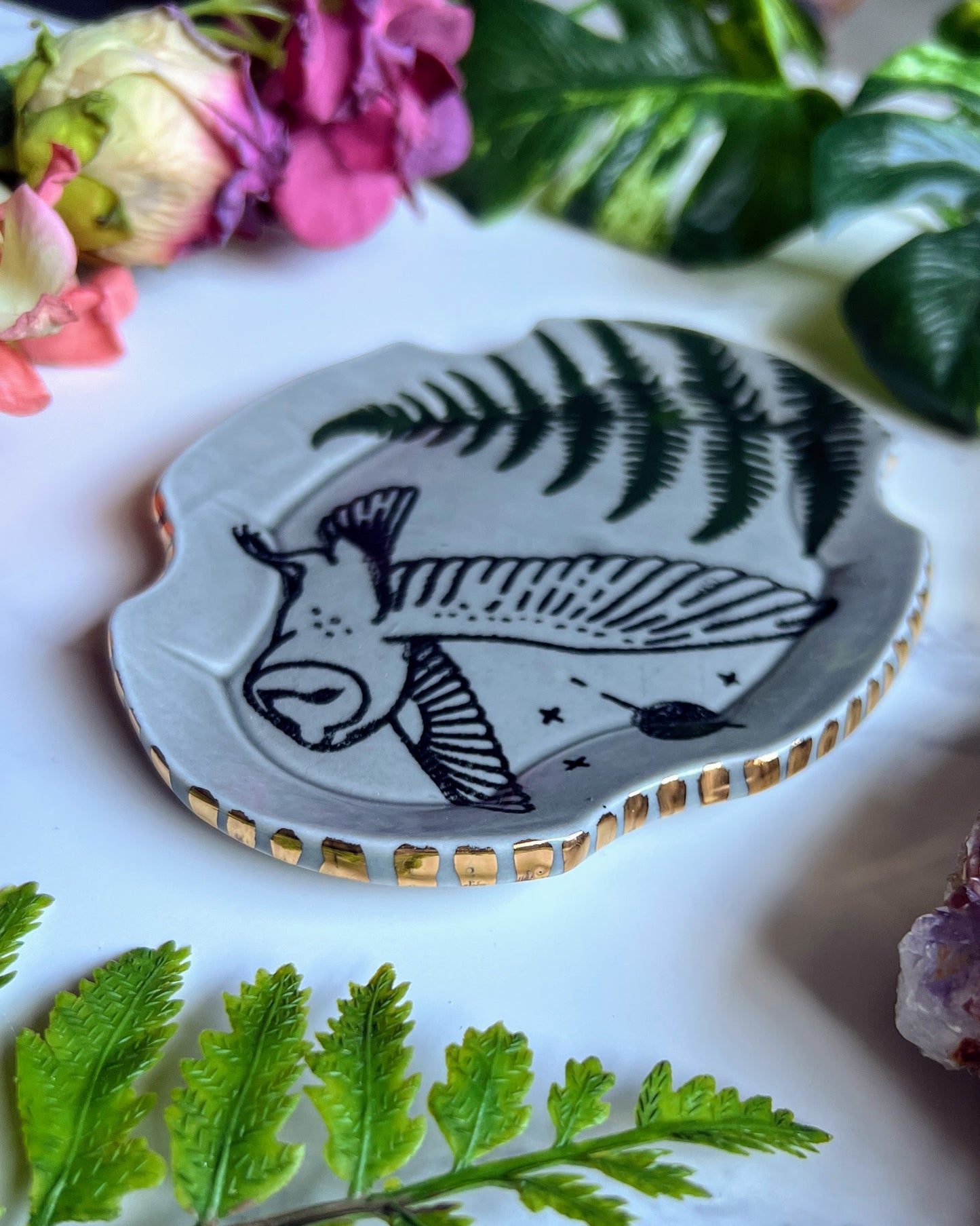 Owl Fern Plate Gold Altar Tray Witchy Jewelry Dish