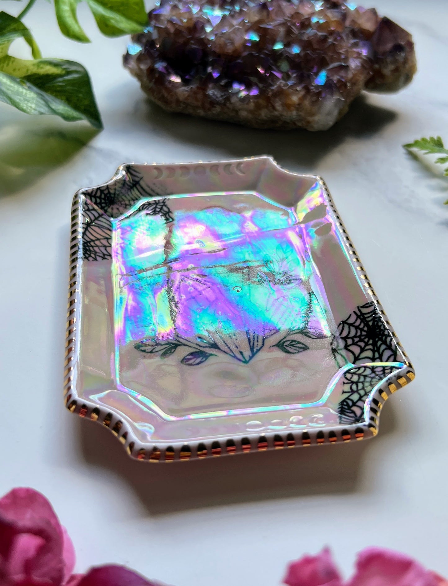 Mushroom Dish Iridescent Spiderweb Altar Tray Witchy Fancy Jewelry Dish