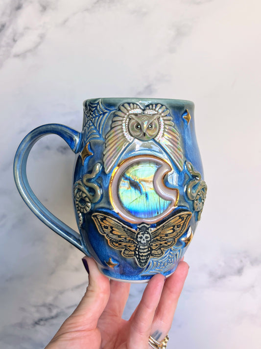 Labradorite Moon Crystal Mug, Owl Snake Coffee Mug, Pottery Mug,  Hand made Mug