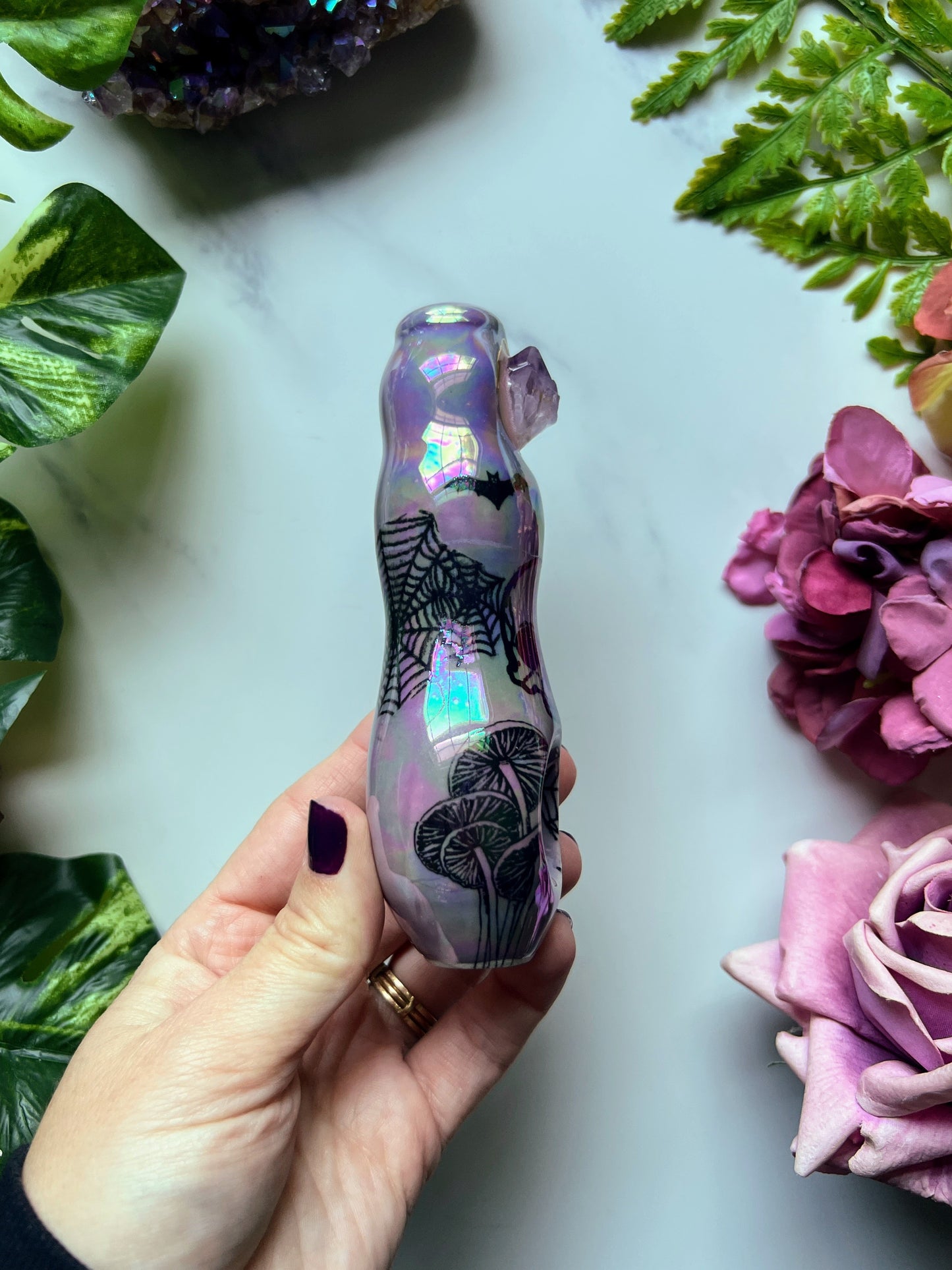 Spooky Amethyst Pipe with Skull Mushroom Ceramic Porcelain Smoking Pipe