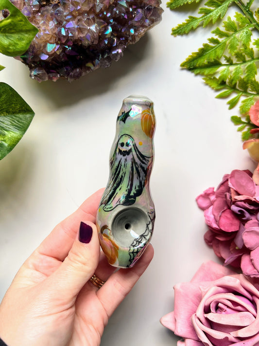 Halloween Ghost Pipe Witchy Pumpkin Iridescent Spiderweb Ceramic Porcelain Smoking Pipe