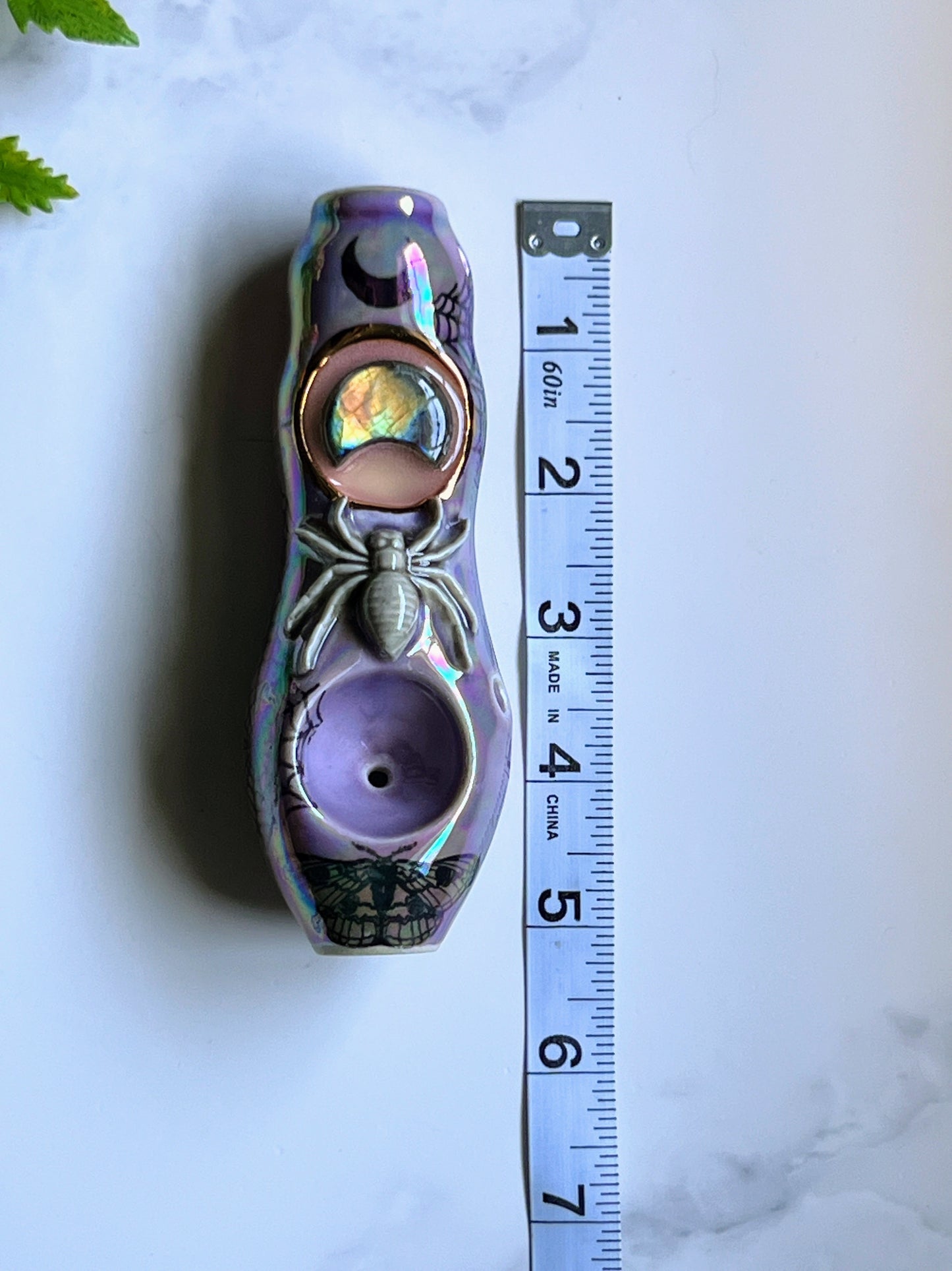 Spooky Labradorite Moon Pipe with Spider & Moth Porcelain Smoking Pipe Clay Pipe