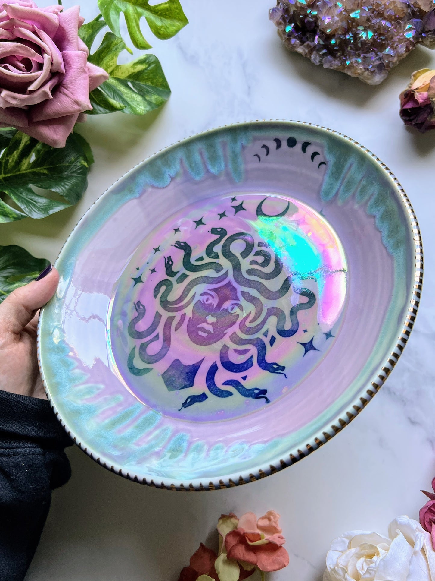 Medusa Platter, Iridescent Moon Altar Tray Witchy Jewelry Dish Platter