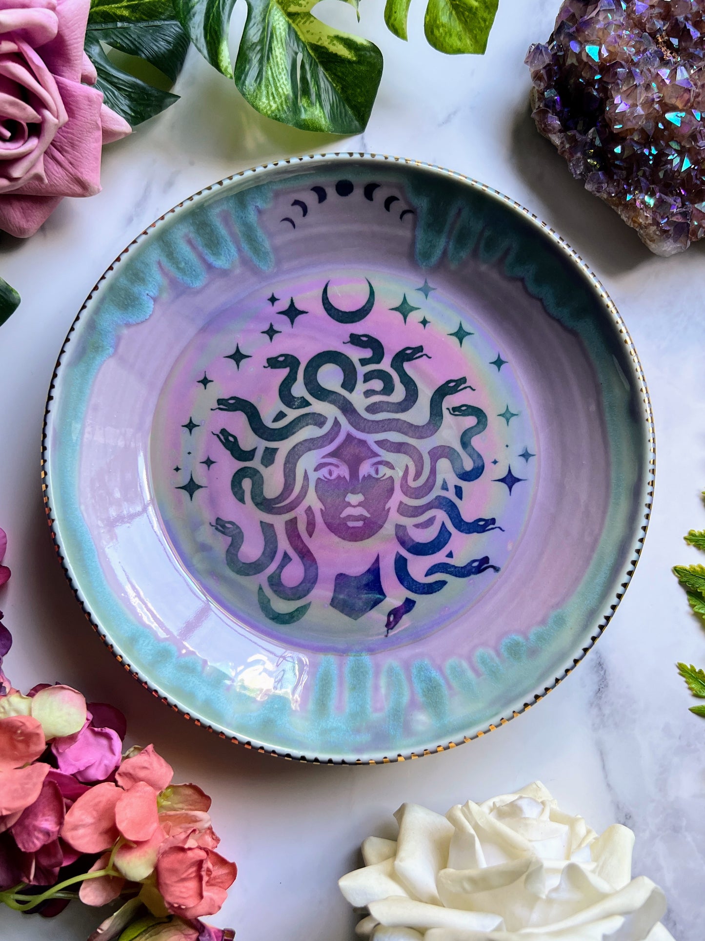 Medusa Platter, Iridescent Moon Altar Tray Witchy Jewelry Dish Platter