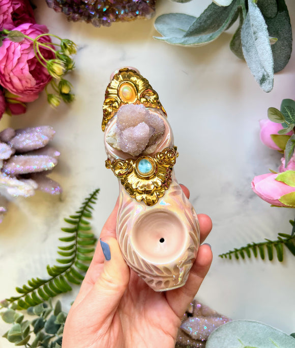 Angel Aura Spirit Quartz Pipe Victorian Gold Gilded with Opal and Larimar Crystal Porcelain Ceramic Smoking Pipe