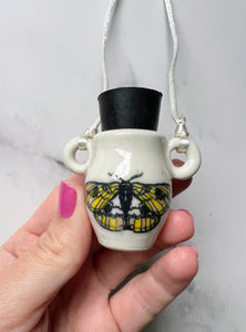 Moth and Rose Bottle Necklace Iridescent Moon Porcelain Ceramic with Rubber Cork