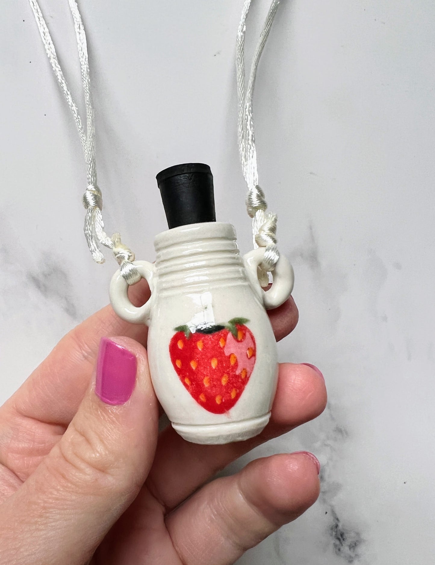 Strawberry Bottle Necklace Porcelain Ceramic with Rubber Cork