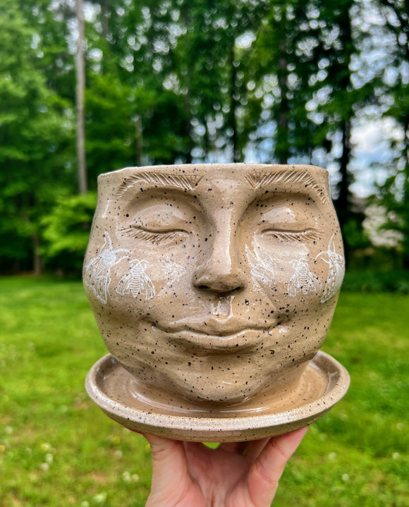 Moth Goddess Planter, Speckled Ceramic Sleeping Goddess Pot