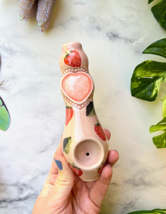 Rose Quartz Heart Pipe Strawberry Pipe with Carved Details, Glow in the Dark Porcelain Smoking Pipe