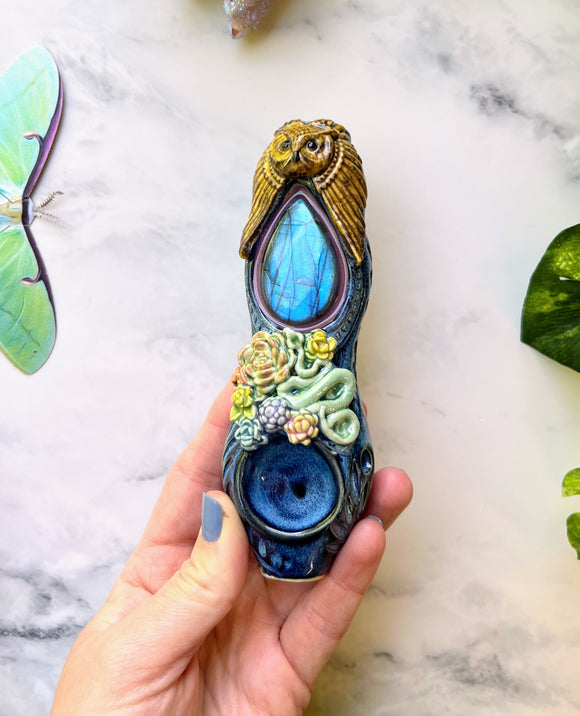 Blue Labradorite Pipe with Snake, Owl and Succulents Porcelain smoking Pipe Ceramic Pipe