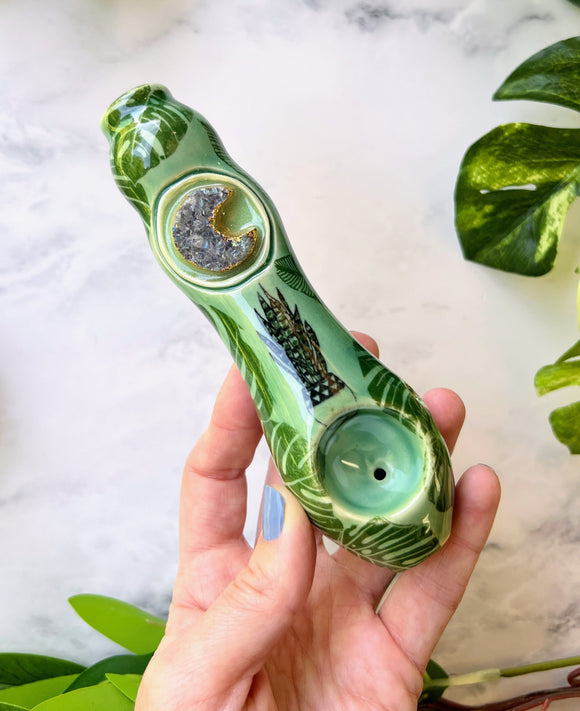 Amethyst Moon Pipe with Snake Plant Monstera Leaves Porcelain Smoking Pipe