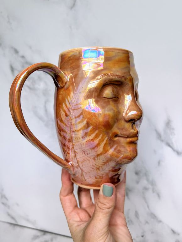 Fern Goddess Face Mug, Porcelain Ceramic Rainbow Iridescent